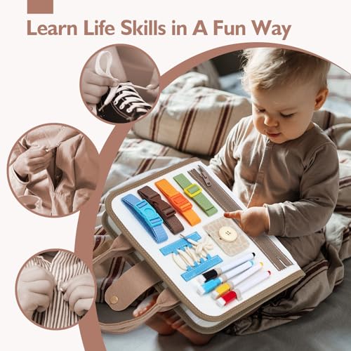 Image of hahaland Montessori Busy Board for Toddlers Boy Toys Birthday Gift - Travel Toys - Dinosaur, Alphabet, Number, Shape, Drawing, Life Skills