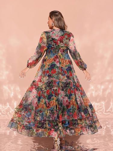 Image of Spring Summer 2024 Plus Size Womens Dresses V Neck Casual Elegant Long Sleeve Floral Print Maxi Dress