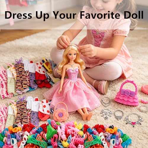 Image of 32 Pieces Doll Dress Up Collection for Creative Play, Barbie Doll Set，Doll Dress，Barbie Doll Set with Fashion Clothes, Includes Dresses and Accessories for Barbie Dolls Wardrobe
