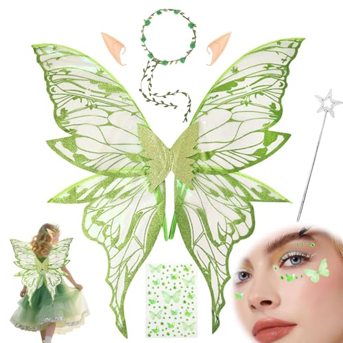 Ailes de fée adultes et enfants - Costume d'ailes de fée pour femme - Ailes de fée avec oreilles d'elfe - Couronne de fleurs - Accessoire de costume d'Halloween - Carnaval - Fête