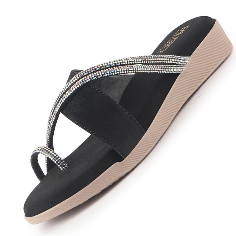 Image of FAUSTO Women Embellished Shimmery Cross Strap Toe Ring Wedding Slip On Slippers | Soft Cushioned Footbed Wedge Sandals | Party, Mehndi, Festive