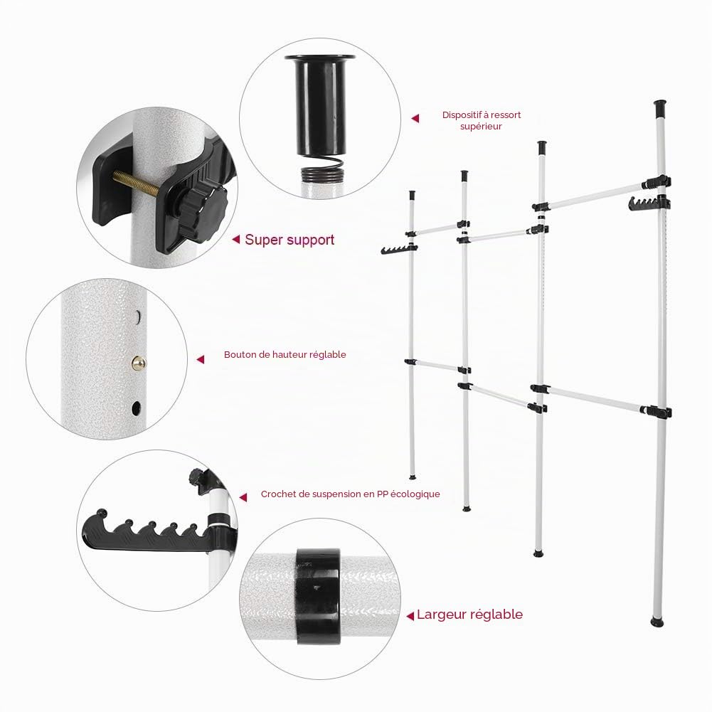 Systeme Penderie Telescopique Garde-robe Téléscopique Barre de Penderie Portant de Vêtement Système à vêtements télescopique Hauteur réglable 246-300cm Largeur réglable 230-330cm