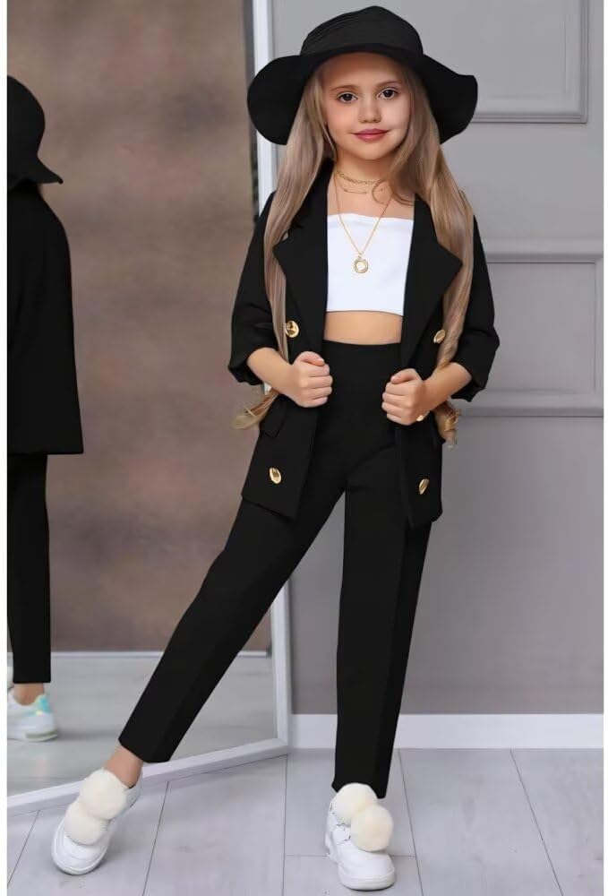 Girls 2 Piece Outfits Button Front Long Sleeve Jacket Blazer and Pants Suit Sets for Kids Girls