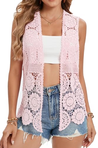 GLEAMISS Women's Crochet Vest Sleeveless Boho Lace Cardigan (Round Flower Pink)