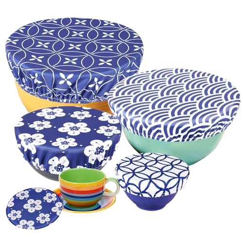 PHOGARY 5 Coperture per Alimenti, Riutilizzabili, in Tessuto, con Elastico, Coperchio Estensibile, in Tessuto Impermeabile, per Ciotola in Vetro Alato, Fiore Blu