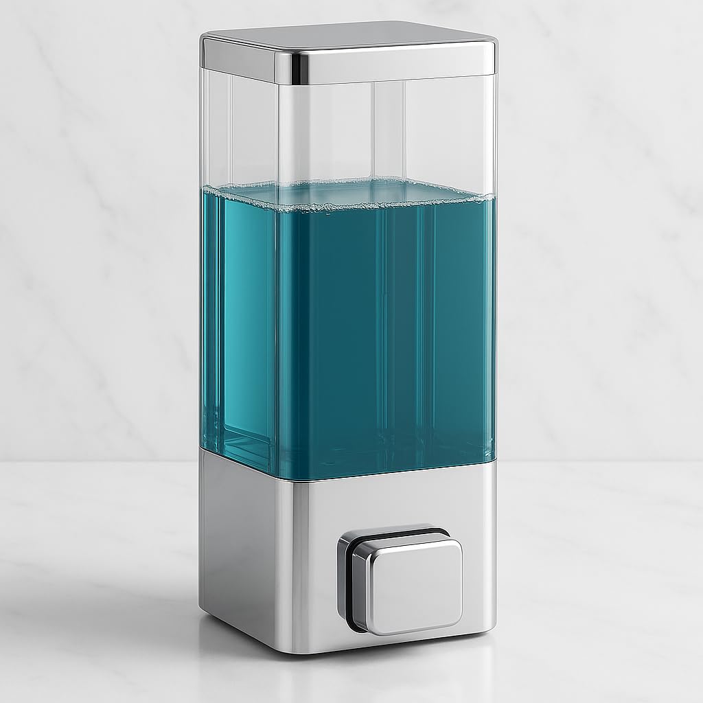 jps wall-mount soap dispenser 350ml, premium stainless steel and clear acrylic, leak-proof pump, refillable liquid soap, lotion, shampoo container for bathroom, kitchen, wash basin (350ml, chrome)