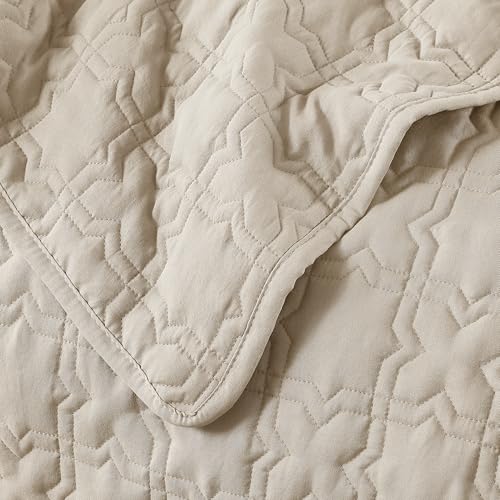 Beige King Size Quilt Bedding Sets with Pillow Sham, Summer Lightweight Soft Bedspread Coverlet, Netural Farmhouse Country Textured Quilted Blanket Thin Comforter Bed Cover, 3 Pieces, 104x90 inches
