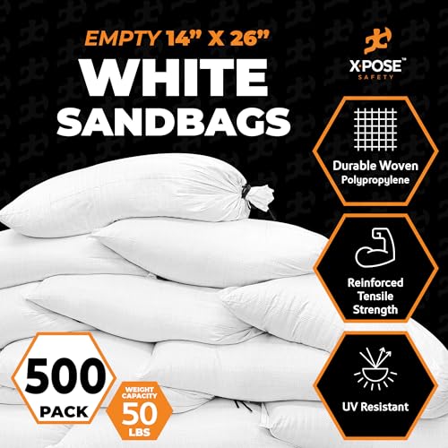Image of Xpose Safety Heavy Duty Sand Bags with Tie Strings - Empty Woven Polypropylene Sandbags for Hurricane Flood Protection, 50 lb Capacity, 14 inch x 26 inch, White, Pack of 500