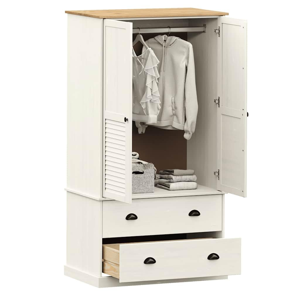 Hothingwell Guardaroba Vigo bianco 90x55x170 cm in legno massello di pino, armadio guardaroba con binario interno e 2 cassetti, mobile camera da letto con maniglie in metallo, grande spazio