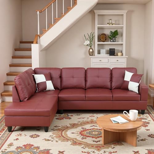 Image of L-Shaped Sectional Sofa, Modern 4-Seat Couch with Left Facing Chaise, Leather Sectional Couch for Living Room, Apartment, Office, Dark Red