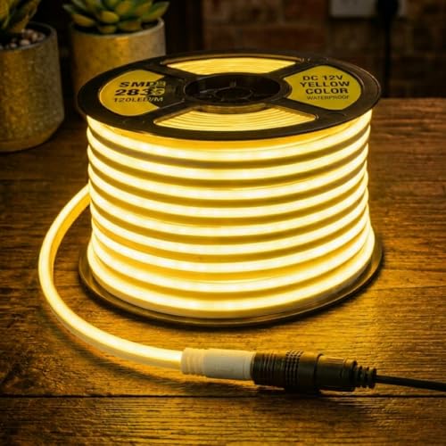 Image of Yellow Neon LED Strip Light 5 Meter with Adapter | Flexible IP65 Waterproof Silicone Rope Light for Indoor and Outdoor Bedroom, Ceiling, Gaming Room, Party & Decoration