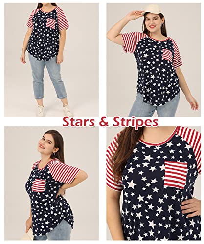 Tiyomi Usa Shirts For Women Plus Size Raglan Short Sleeve Summer Raglan Round Crewneck American Flag Print Stars Striped Print Color Block T-Shirt Red Blue 2Xl 18 20 Plus #TOP1
