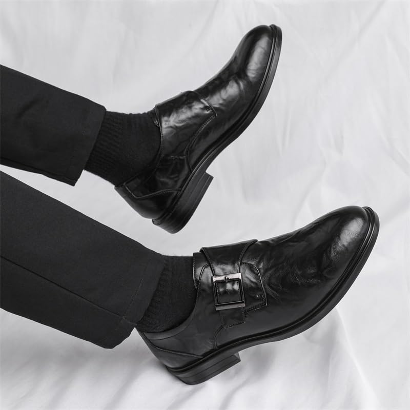Casual Business Walking Shoes for Men Dress Oxford for Mens Slip On Pointed Toe Vegan Leather Solid Color Monk Strap Rubber Sole Block Heel Non Slip Resistant Working3