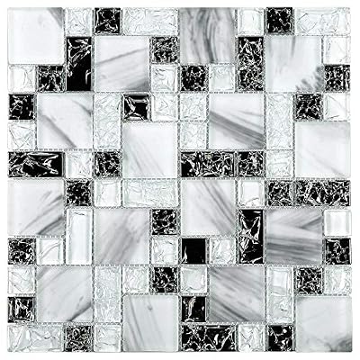 Crackle Square and Brick Glass Mosaic Tile for Bathroom and Kitchen Walls and Kitchen Backsplashes (White and Black)