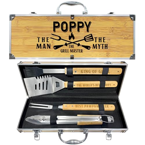 Poppy Gifts from Grandkids Christmas, Heavy Duty Wooden BBQ Grilling Accessories Kit for Backyard, Poppy Thick Stainless Steel Grill Utensils with Non-Slip Handle Tools in Portable Bag Birthday