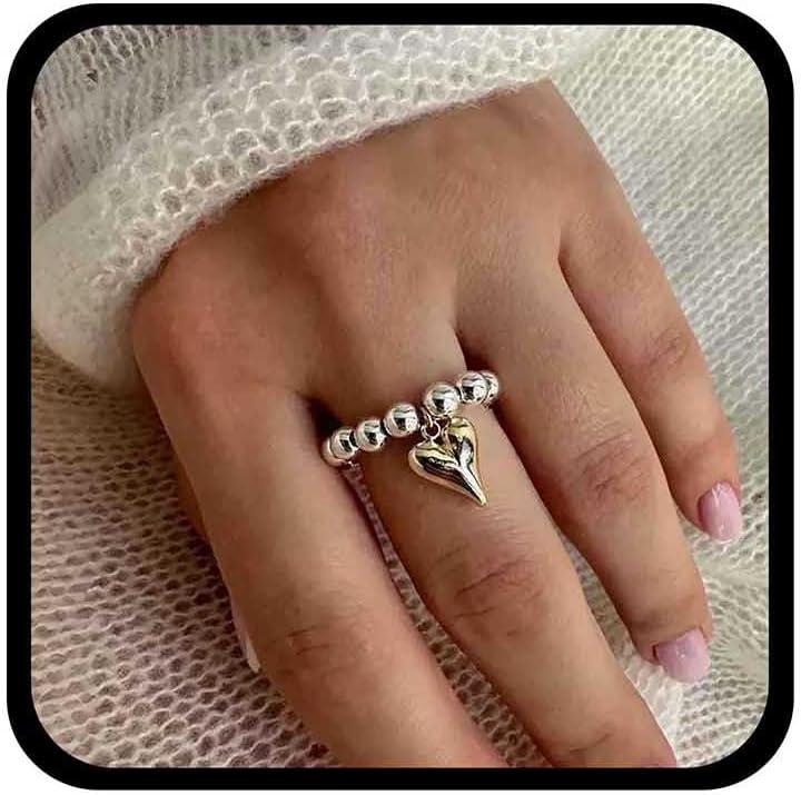 Boho Bead Elastic Ring Gold Heart Ring Silver Bead Heart Finger Jewelry for Women