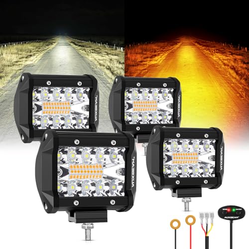 Auxbeam 6 Modes Amber White Series, 4 Packs LED Pod Lights Flash Strobe Warning Multi-Function, 4" 240W Spot Flood Combo LED Offroad Lights, for 4x4 4WD Truck Car Jeep Wrangler 4 Inch (4PCS)