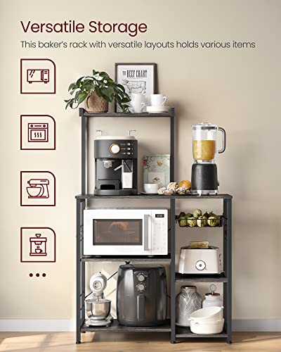 Image of VASAGLE Baker's Rack, Microwave Stand, Kitchen Storage Rack with Wire Basket, 6 Hooks, and Shelves, for Spices, Pots, and Pans, Charcoal Gray and Ink Black UKKS035B04