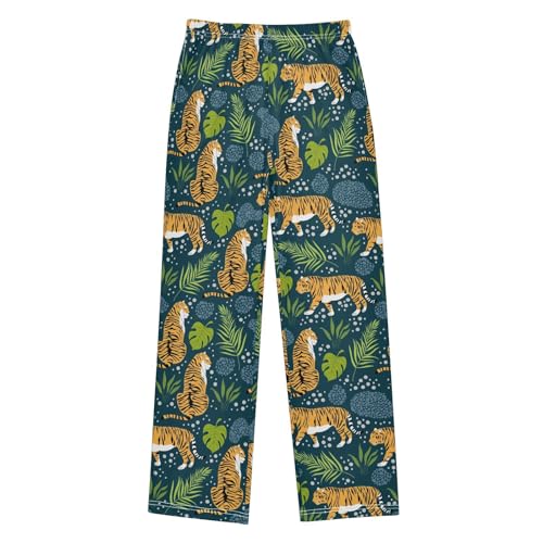 Tiger Tropical Leaves Boys Long Pants Soft Trousers Elastic Waist Kids Lounge Bottoms with Pockets S-XL
