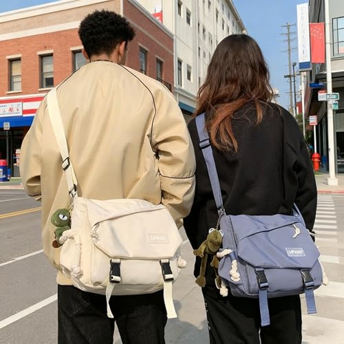 Image of Aesthetic Crossbody Bag with Cute Pins and Ornament, Nylon Shoulder Messenger Bag Japanese Kawaii Bag for Women Men