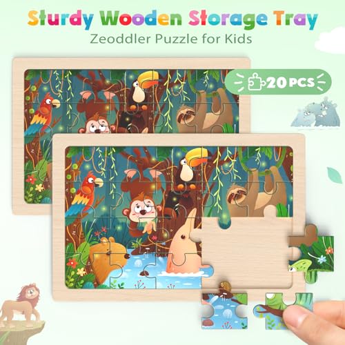 Image of Zeoddler Jumbo Wooden Puzzles for Toddlers, 4 Pack Animal Jigsaw Puzzles for Kids3-5, 20 Pieces Preschool Learning Activities, Learning & Educational Toys, Gift for Boys, Girls
