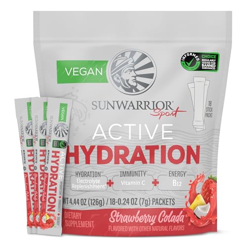 Sunwarrior Hydration Powder Electrolyte Packets Powder | Strawberry Colada Flavored | 18 Stick Packs 126g Pouch | Vegan and Plant-Based Sugar Free | B12 Elderberry and Electrolytes | Active Hydration