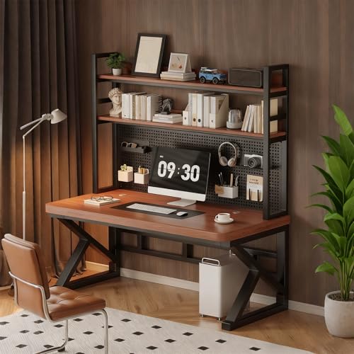 FXLKLUXE パソコンデスク ゲーミングデスク オフィスデスク 4.5cm厚の無垢材ボード 耐荷重400kg 2層収納ラック付き DIY有孔ボード さまざまなディスプレイに対応 勉強机 配線孔付き 強化クロスバー 簡単なインストール 学習机 コンパクト