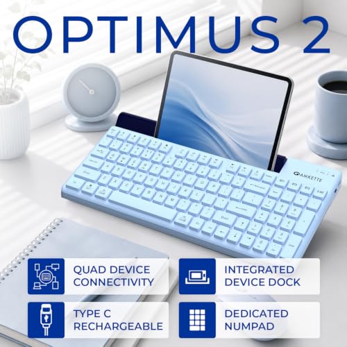 Image of Amkette Optimus 2 Multi-Device Wireless Keyboard /Bluetooth Keyboard, Connect 4 Devices, Professional Grade-Low-Profile Keys, Rechargeable USB-C, Built-in Device Dock, Windows /macOS /Android /iOS