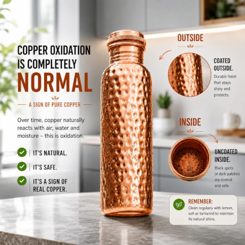 Image of Bold & Divine Premium 32oz Pure Copper Hammered Water Bottle for Drinking - Ayurvedic Health Benefits - Handcrafted Copper Water Vessel - Leak-Proof Design, Rust-Free - Bonus Canvas Carry Bag