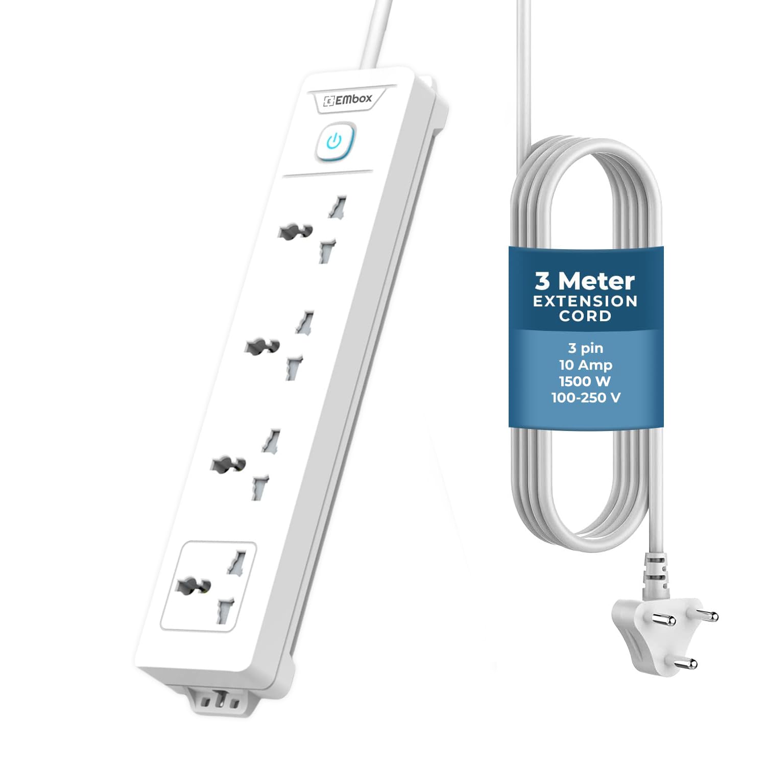 EMBOX Extension Board with Switches 1500 W, 4 Universal Sockets, Master Switch,6 amp Spike Guard, LED Indicator and Safety Shutter, 3 Meter Extension Cord-image-29