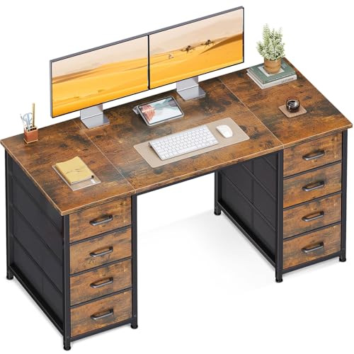 Coleshome Escritorio con 8 Cajones de Tela, 120x48cm Escritorio Ordenador, Mesa Escritorio de Espacio Mesa de Oficina para Oficina en Casa, Marrón