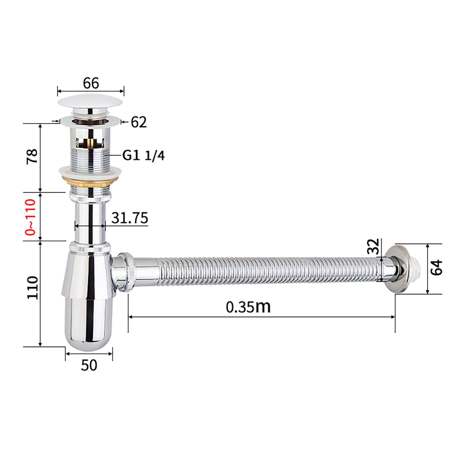 Siphon Waschbecken Bad mit Pop Up Ablaufventil und Überlauf,Flexibles Gewelltes Abflussrohr, Verlängerung Rohr Abfluss,Höhenverstellbares Syphon Waschbecken