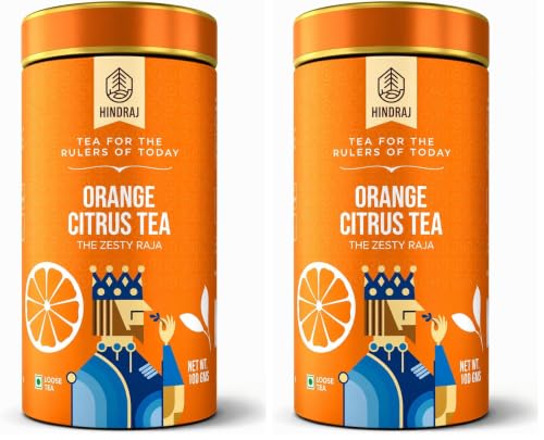 Image of Hindraj The Zesty Raja Orange Green Tea Loose Leaves 100 g Organic Fruit Blend Green Tea Caffeine Boost, Refreshing Citrus Flavor, No Added Sugar (Pack of 2)