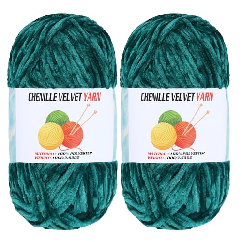Image of 2 * 100g Velvet Chenille Chunky, Handcrafts Weaving Soft Chenille Yarn for Crocheting Clearance, Used for Making Baby Yarn Blanket, Clothes, Knitting Creations (Dark Green)