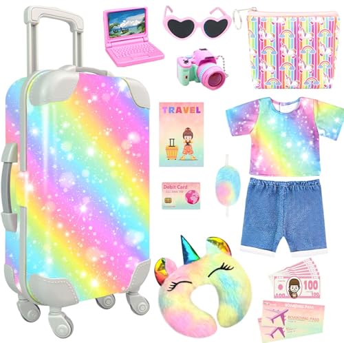 19 Pcs Girl Doll Accessories 18 Inch Dolls Travel Case Luggage Play Set with Dolls Bag Clothes Pillow Sunglasses Camera Stuff Fit 18 Inch Doll Gifts for Girls Age 3+ Christmas Birthday
