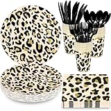 DYLIVeS Animal Leopard Print Party Supplies Pack, Jungle Safari Cheetah Print Birthday Party Decorations Zoo Disposable Tableware, Animal Paper Plates Napkins Cups and Cutlery (Serves 24), 144 PCS