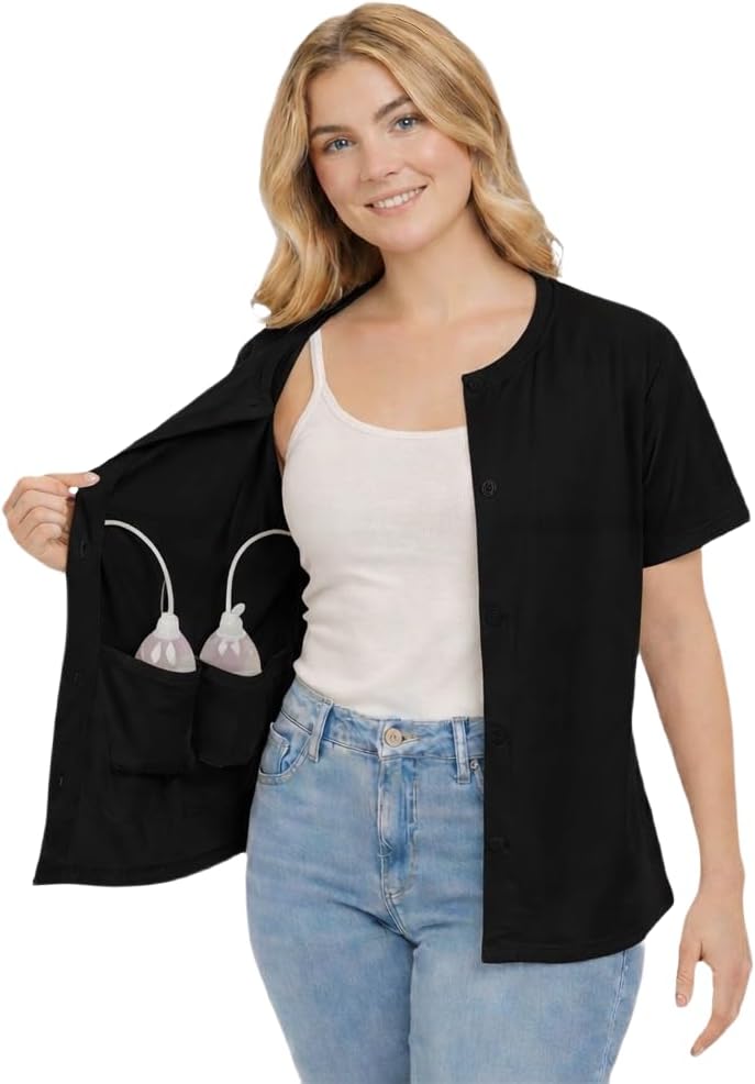 USBD Post Mastectomy Shirt with Drain Pockets Crew Neck Post Op Button Down Recovery Tops