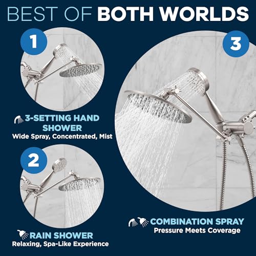 Solid Metal 3-Spray Dual Shower Head Combo with 12 Inch Adjustable Arm Extension, Brushed Nickel | Hand Held Shower Head with Hose, 8 Inch Rainfall, 3-Way Diverter and Shower Arm Extension