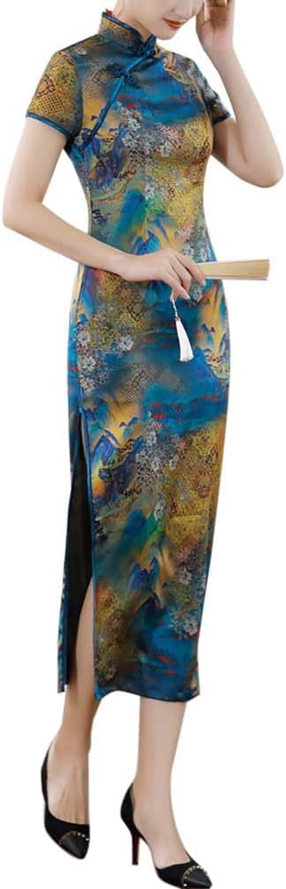 Cheongsam Traditional Pattern Long Sleeve Mandarin Collar Side Split Tea Length Dress Chinese Qipao New Year Party Costume