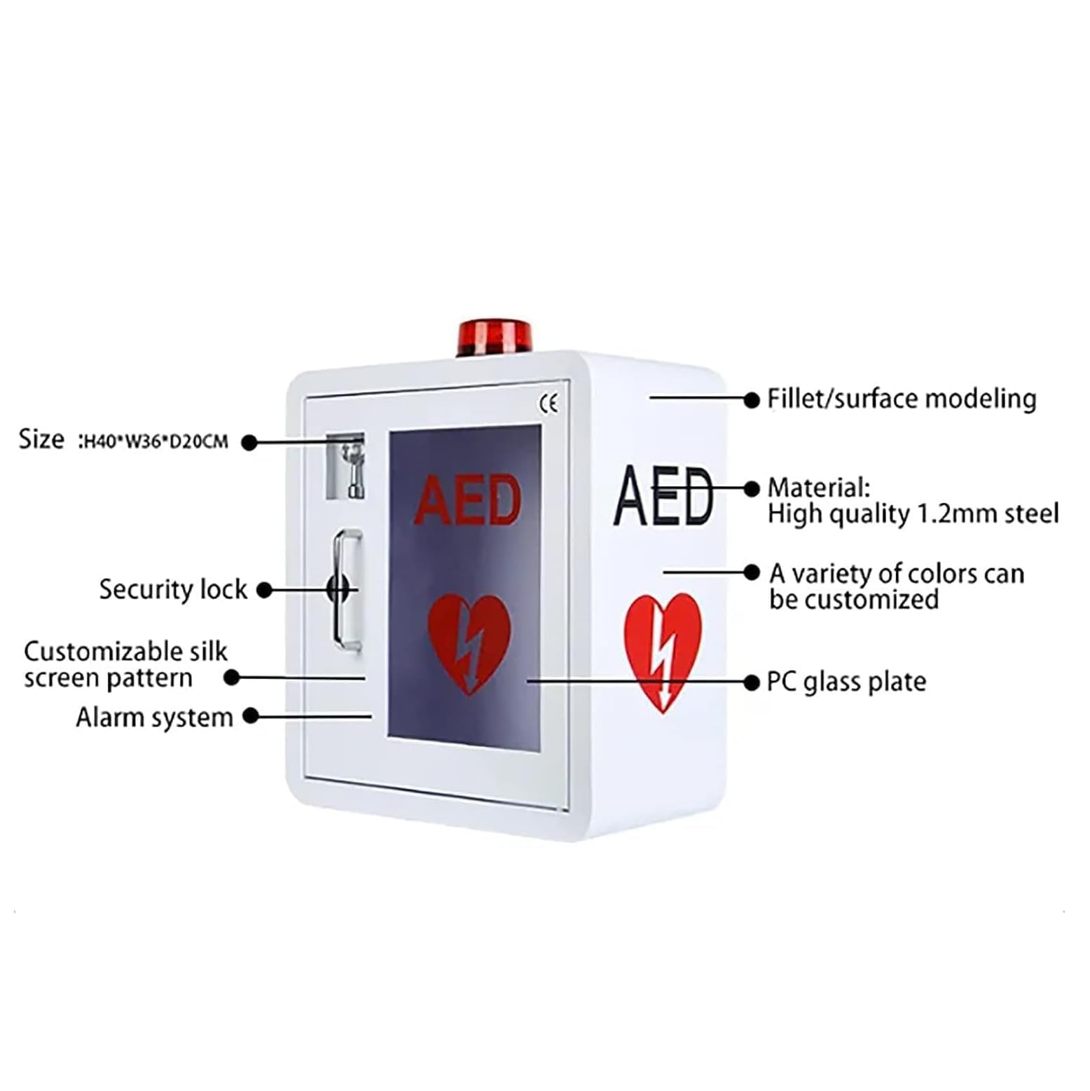 Armadietto A Parete per Defibrillatore DAE, Armadietto Compatto per Montaggio Superficiale DAE Dotato di Allarme e Chiave Attivati dalla Porta, Adatto A Tutte Le Marche