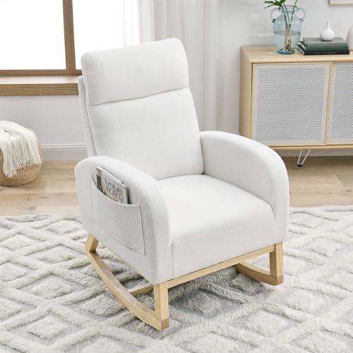 Image of Rocking Chair Nursery,Teddy Fabric Upholstered Baby Glider Rocker Chair,Comfy Accent Arm Chair with Side Pockets&Solid Wood Legs,Modern Nursing Single Sofa Chair for Living Room,Bedroom(White)