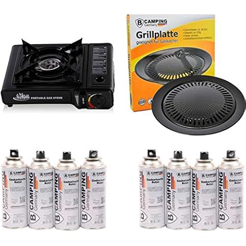 StyleKiste Gaskocher mit 8 Gas Kartuschen und Grillaufsatz Campingkocher 1-flammig max. Leistung 2,2 KW Cover