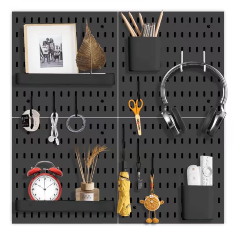 CROWNSHOP Pegboard Combination Kit Plastic Pegboard 2 Panels Peg Board Wall Organizer Kit with Accessories for Garage Workshop Craft Room Nursery Storage Kitchen Tool Organization (Black 4 PCS)