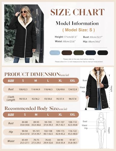 CMTOP Winterjacke Damen Lange Fleece Gefüttert Warme Damen-Jacken Wasserabweisend Steppjacke Winddicht Fleecejacke Dicke Elegant Parka Wintermantel Steppmantel mit Kapuze, Taschen(Schwarz,L