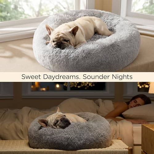 Image of Bedsure Calming Dog Bed Medium Size Dog Donut Washable Pet Bed,30ins Pale Grey