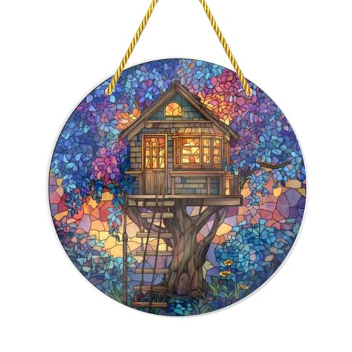 Snugozo - 1PC Stained Glass Styles Ornaments, Treehouse & Floral, 6×6inch Acrylic Hanging Decorative Signs, Acrylic Suncatchers Ideal for Garden, Home Decor, Windowsill, Wall Art, Gifts, Holiday