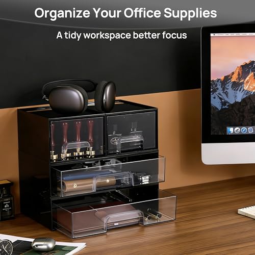 Image of Vtopmart 2 Pack Clear Stackable Storage Drawers, 12.1''W Plastic Organizers Bins for Office Supplies, Ideal for Desk Organization, Black