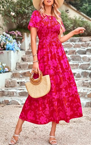 Image of PRETTYGARDEN Women's 2026 Summer Casual Flutter Short Sleeve Boho Floral Maxi Dress Crew Neck Smocked Tiered Long Dresses