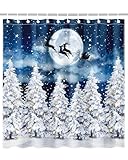 Lindameler Winter Forest Shower Curtain Christmas Santa Claus Bathroom Curtain Xmas Snowy Forest Shower Curtain Set Watercolor Frabic Holiday Bathroom Decor 72x72inch (Blue, 72x72 inch)