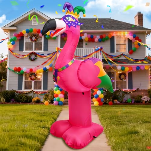 Joyfizzle 6FT Tall Mardi Gras Inflatable Decoration Flamingo with Crown Necklace Built-in 3 LED Lights Blow up Flamingo for Mardi Gras Yard Garden Outdoor Decoration